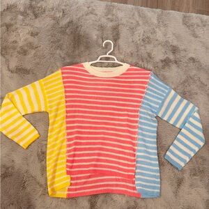 Colorblock Striped Crewneck Sweater - Pink, Yellow & Blue